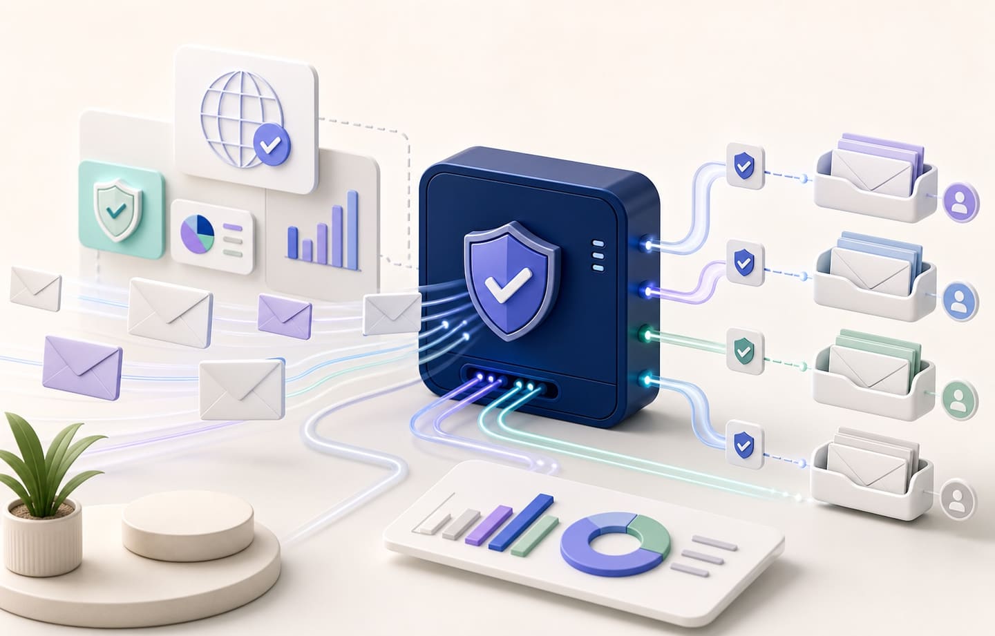 Illustration of secure business email routing through one central hub